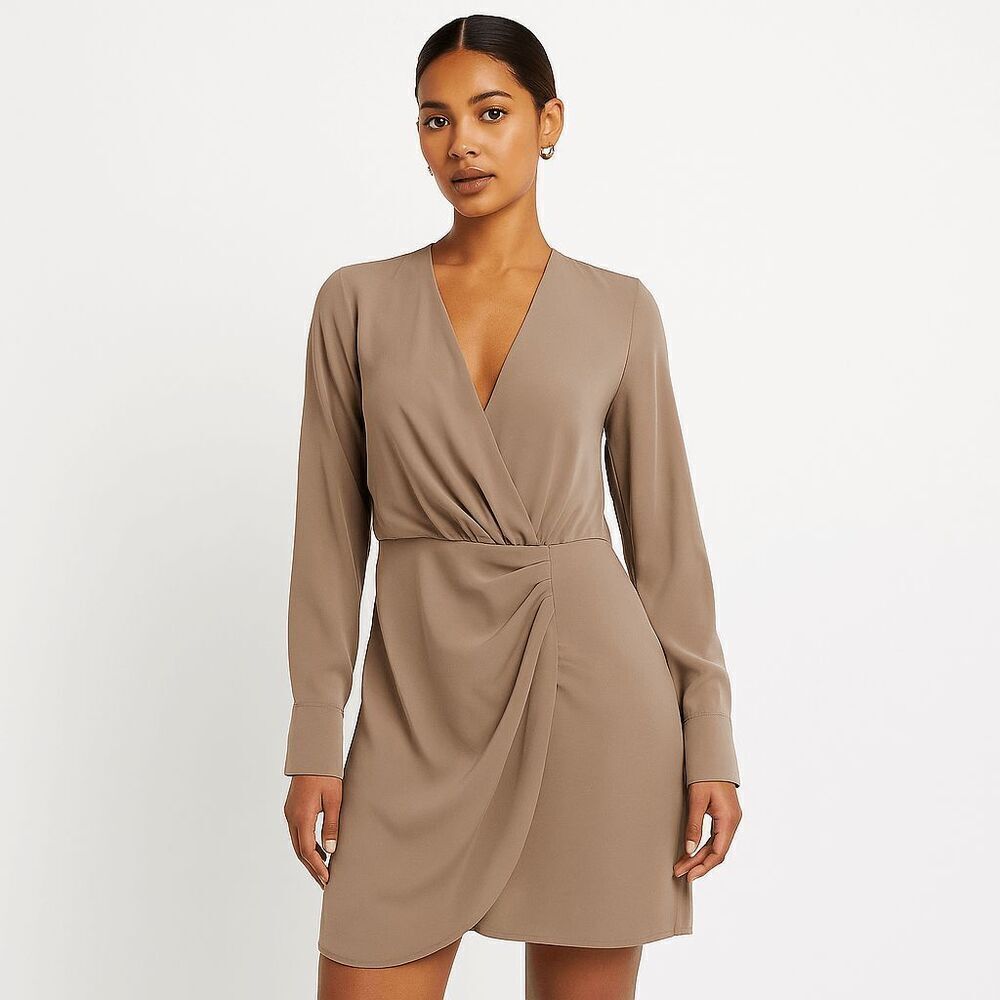 Abercrombie & Fitch Nude Tan Chiffon Long Sleeve Faux Wrap Dress Large Tall NWT